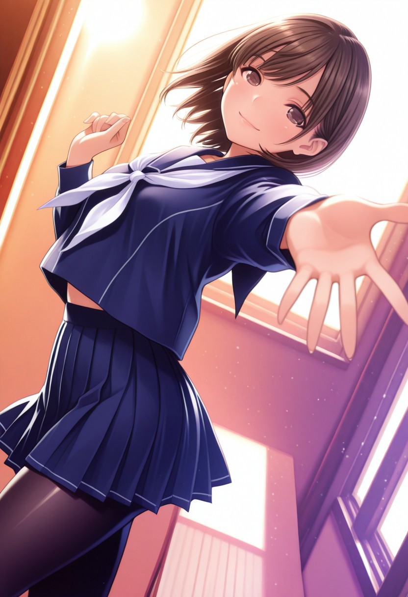 1girl, nene,brown hair,brown eyes, n_b_clothes,long_sleeves,blue serafuku,neckerchief,pleated skirt,black_pantyhose,smile, spread hand, close-up,, looking at viewer, sexy pose, outsides,masterpiece, best quality, ultra-detailed, best illustration, soft lighting, bloom, light particles, glow, shiny hair, detailed background, dynamic lighting, volumetric lighting, dynamic pose, dynamic angle,