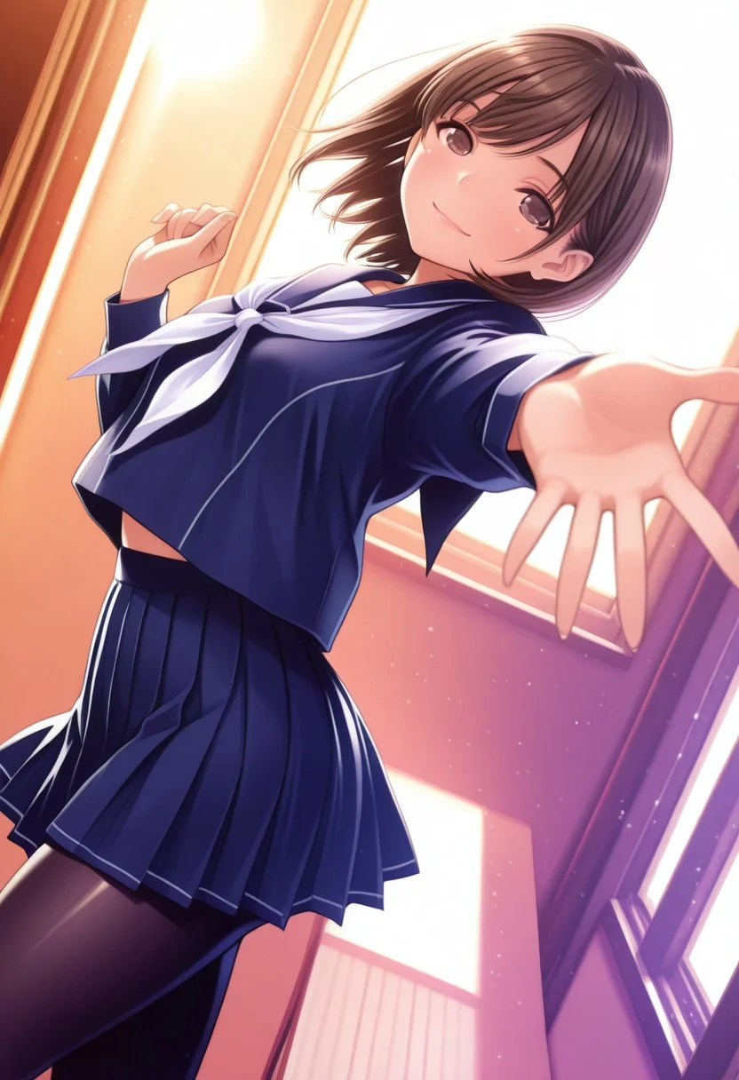 1girl, nene,brown hair,brown eyes, n_b_clothes,long_sleeves,blue serafuku,neckerchief,pleated skirt,black_pantyhose,smile, spread hand, close-up,, looking at viewer, sexy pose, outsides,masterpiece, best quality, ultra-detailed, best illustration, soft lighting, bloom, light particles, glow, shiny hair, detailed background, dynamic lighting, volumetric lighting, dynamic pose, dynamic angle,