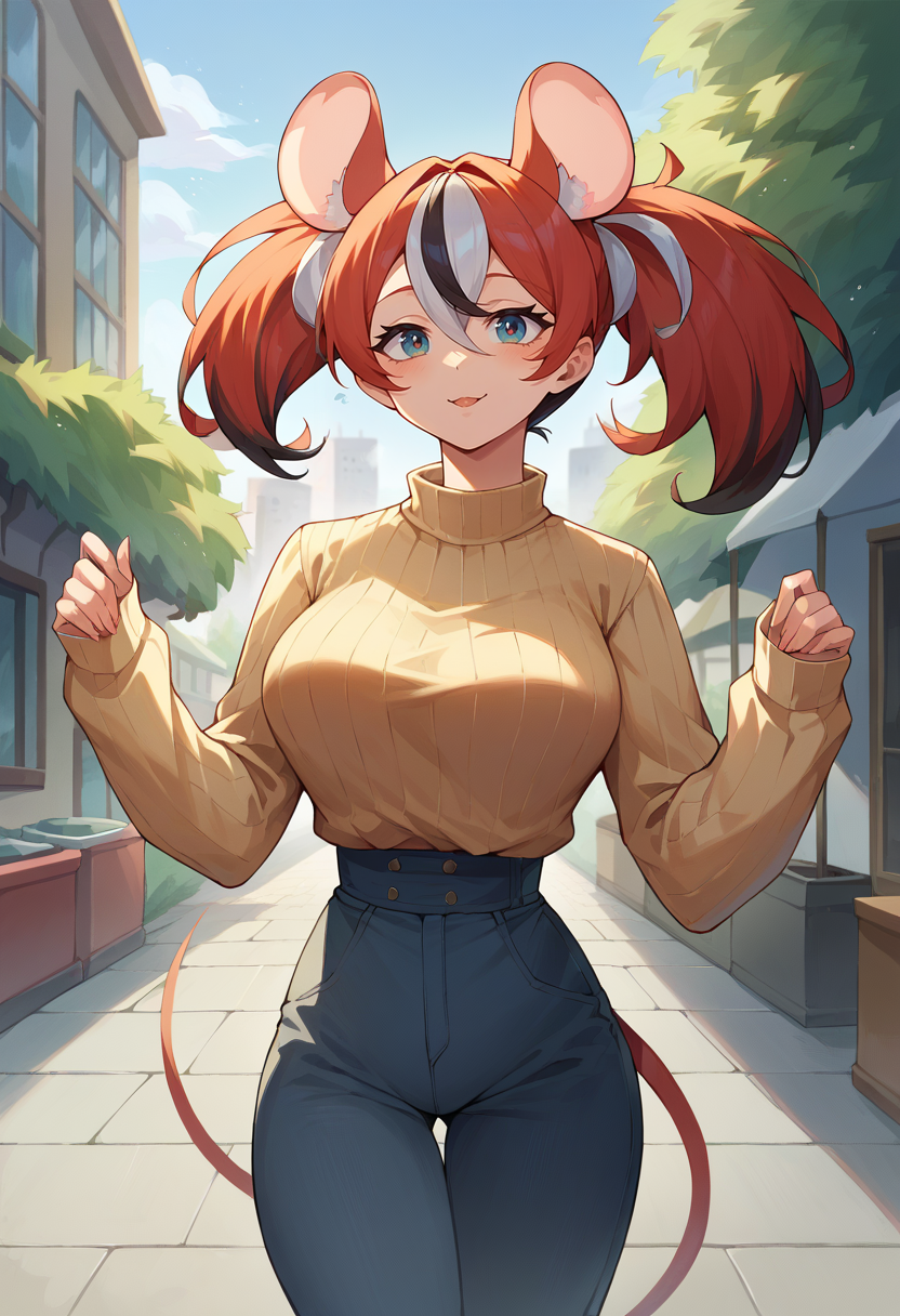 score_9, score_8_up, score_7_up, HakosBaelz, twintails, mouse tail, sweater, ribbed sweater, long sleeves, high-waist pants, outdoors, city, mature woman, <lora:HakosBaelzPDXL-000009:1>