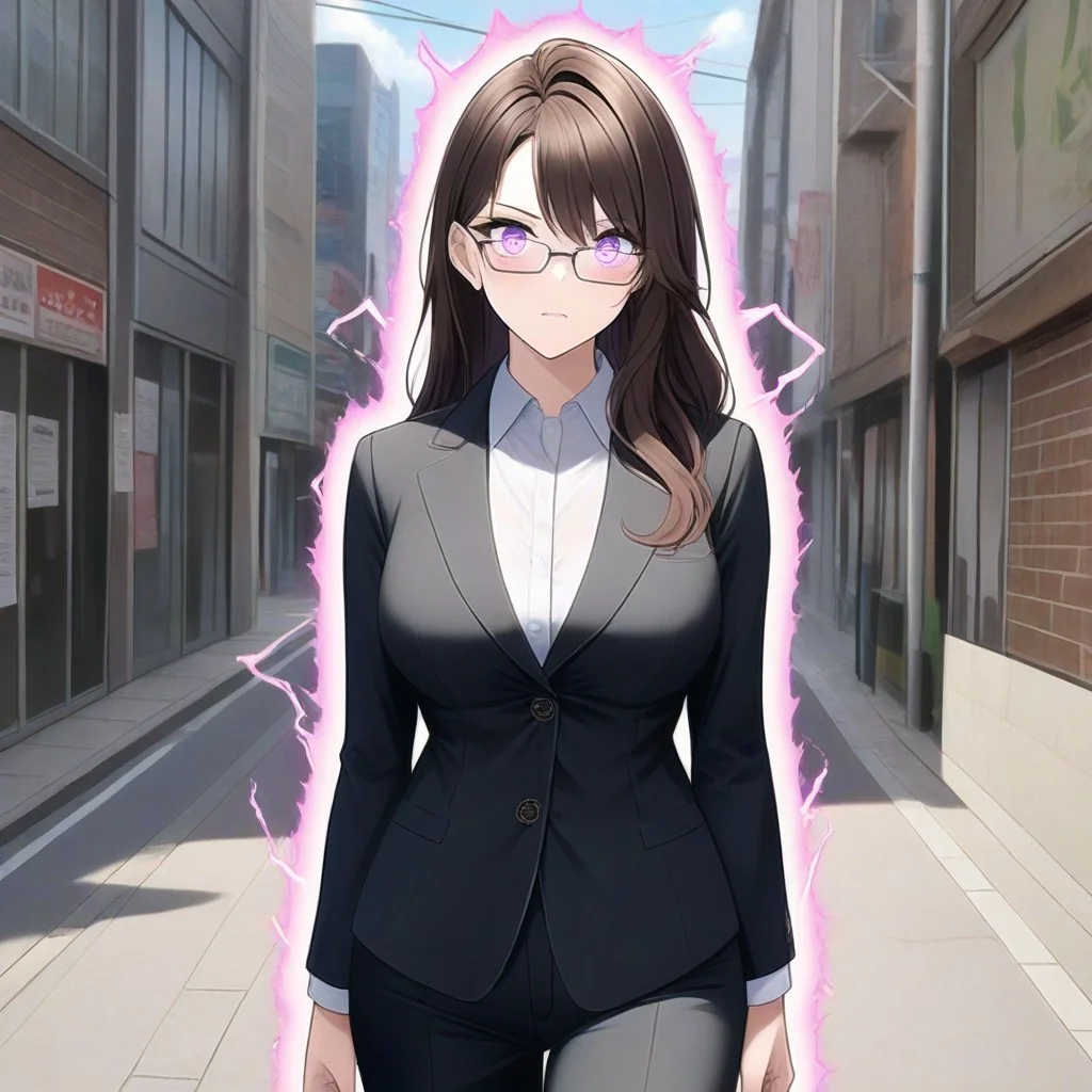 masterpiece, best quality, very awa, NAI A1, 1female, mature, solo, long hair, purple eyes, brown hair, glasses, pink outline, pink lightning, electric shock, office suit, arms at sides, surprised, standing, day, street, cowboy shot,, <lora:739660ee-9342-460d-ab86-8582aa7205dd:0.8>, <lora:695faa7b-b910-4389-bdb8-58c193c9f244:0.2>