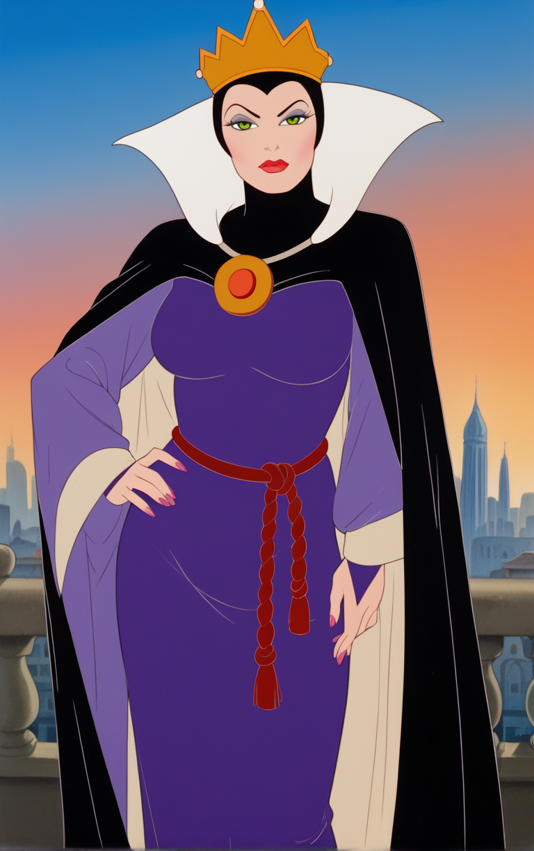 score_9, score_8_up, score_7_up, looking at viewer,  BREAK
Dress_QueenGrimhilde_ownwaifu,
1girl, crown,  makeup, lipstick, red lips,  green eyes,  eyeshadow, breasts,
red rope, rope belt, cape, dress, long sleeves, brooch, gem, robe, wide sleeves, purple dress, purple cape,  jewelry, high collar, silk,
(contrapposto, hand on hip), sunset, sidelighting, cityscape, vanishing point, outdoors, <lora:PONYXL_SnowWhite_QueenGrimhilde_ownwaifu:0.7> , depth of field, solo,