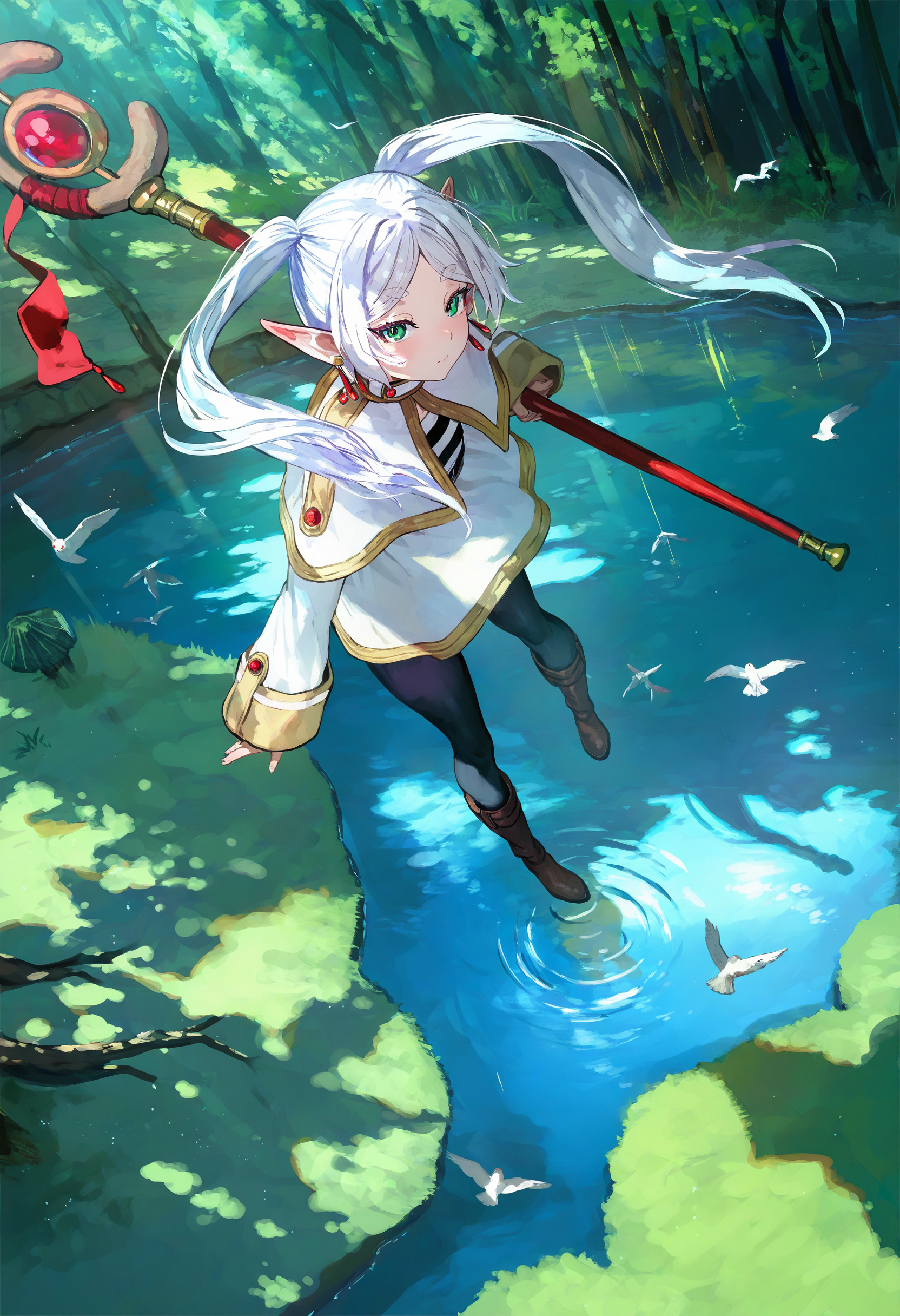 by happoubi jin, by fuzichoco, by lam, by kinta \(distortion\), by lack, by quasarcake,
1girl, frieren, solo, green eyes, staff, outdoors, elf, tree, long hair, white capelet, twintails, pointy ears, pantyhose,close-up, colored eyelashes, tree shade, dappled sunlight, looking at viewer, cryokinesis, lake, water, wet, floating hair, hips in air, reflection, reflective water, blue theme, bird, nature, scenery, 
masterpeice, best quality, very aesthetic, absurdres
<lora:illustrious_noobai_epsilon_pred_11_very_aesthetic_v1:1>