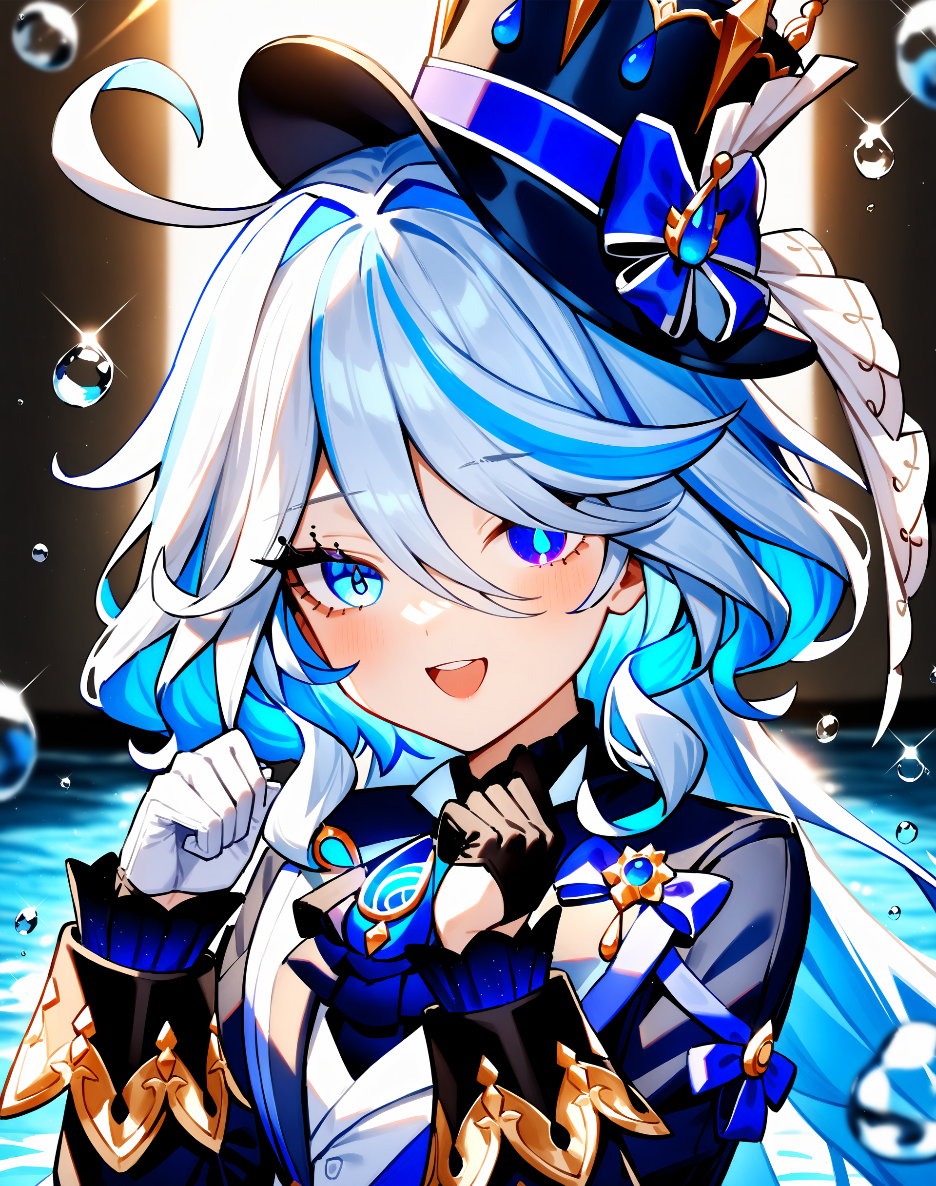 1girl,furina,solo,white_shirt,heterochromia,top hat,white gloves,black gloves,no headwear,sunlight,portrait,looking_at_viewer,mismatched gloves,:d,jacket,hat,multicolored hair,very long hair,gloves,long hair,drop-shaped pupils,dappled sunlight,hat bow,eyelashes,upper teeth only,white background,wavy hair,white hair,long sleeves,hair between eyes,gem,upper body,water,mismatched pupils,light blue hair,hair intakes,open mouth,water drop,hands up,lapels,
masterpiece,best quality,very aesthetic,absurdres,<lora:Furina_lastest:1>,