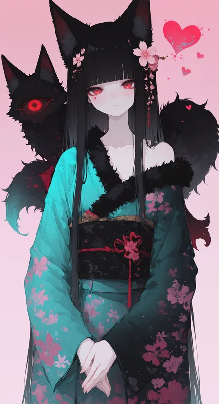 masterpiece, best quality, good quality, newest, highres, absurdres, 1girl, solo, long hair, looking at viewer, blush, black hair, long sleeves, hair ornament, red eyes, animal ears, closed mouth, very long hair, collarbone, upper body, flower, heart, japanese clothes, blunt bangs, hair flower, wide sleeves, kimono, off shoulder, animal ear fluff, fur trim, fox ears, sash, gradient background, floral print, obi, pink background, own hands together, fox girl, pink flower, print kimono, creature, single bare shoulder, one-eyed, green kimono, black sash, 2024, fur-trimmed kimono, floral print kimono, aqua kimono, single off shoulder, melanch0ly,xxx667_illu, glowing <lora:illustriousXL_stabilizer_v1.23:0.3> <lora:NOOB_vp1_detailer_by_volnovik_v1:0.3> <lora:ponyv6_noobE11_2_adamW-000017:0.3> <lora:XXX667:0.6> <lora:mon_monmon2133:0.5> <lora:r17329_illuu:0.5>