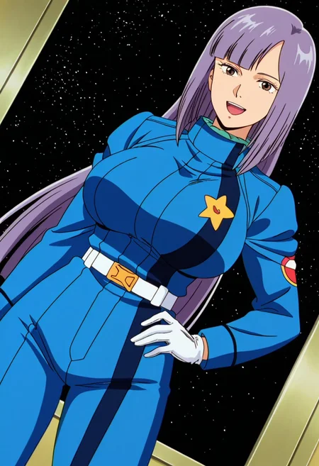 general,highres, ultra-detailed,very aesthetic,best quality ,best hands,best eyes,easynegative,
dynamic anglre, dutch angle, anime cloring,anime screencap,
1girl solo,looking at viewer,smile,space ship, indoors,open mouth,hand on hip,
Roux Louka,purple hair, long_hair, brown_eyes, huge_breasts,pilotsuits,