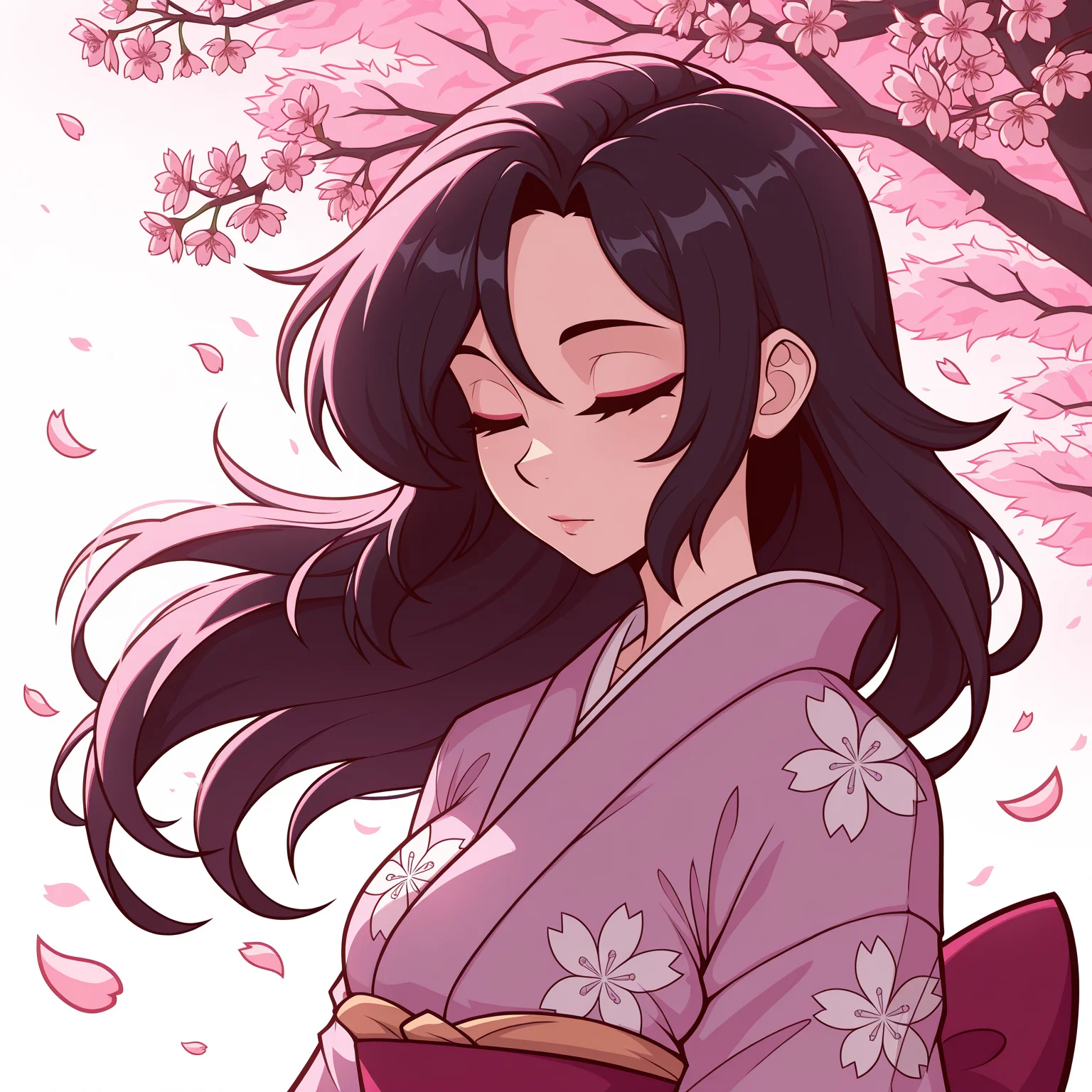 masterpiece, best quality, lw88, 1girl, closed eyes, cherry blossoms, kimono, long hair, floating hair