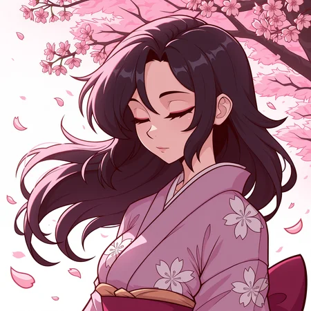 masterpiece, best quality, lw88, 1girl, closed eyes, cherry blossoms, kimono, long hair, floating hair