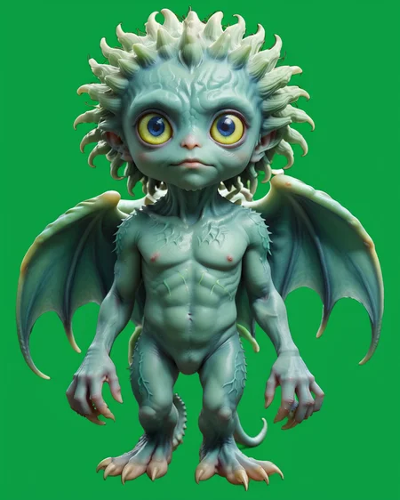 full body portrait of a cute, handsome, gentle, smooth, organic anatomy, friendly fluffy cthulhu with deep blue skin, (small eyes:1.3), yellow eyes, green screen <lora:greenscreen:1> <lora:wowifierXL:0.3>