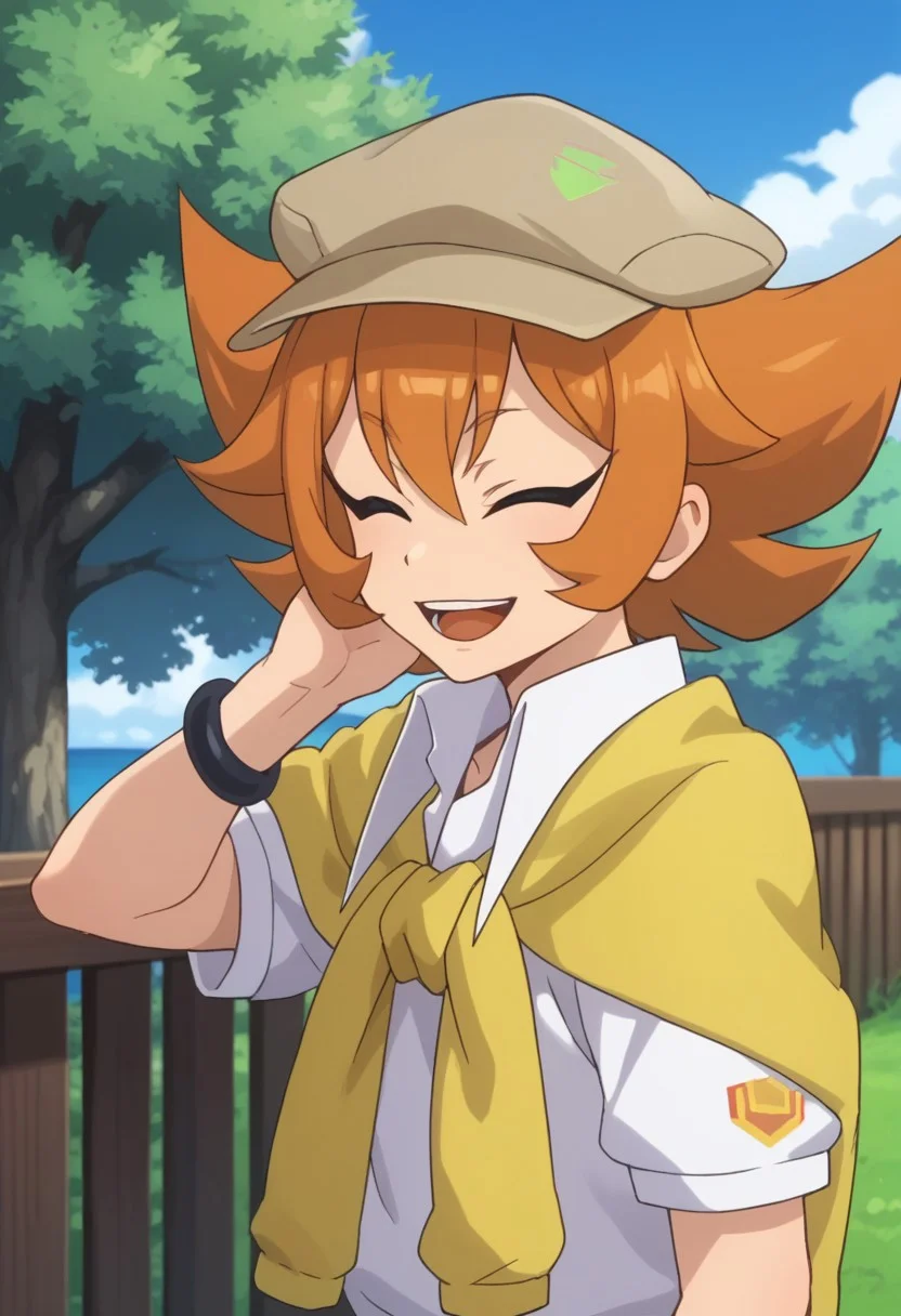 score_9, score_8_up, score_7_up, source_anime, highly detailed, 
ranma, 1boy, male focus, solo, orange hair, hat, brown headwear, closed eyes, open mouth, shirt, white shirt, short sleeves, sweater, yellow sweater, sweater around neck, bracelet, shorts, brown shorts, upper body, smile,
outdoor, sky, tree, cloud