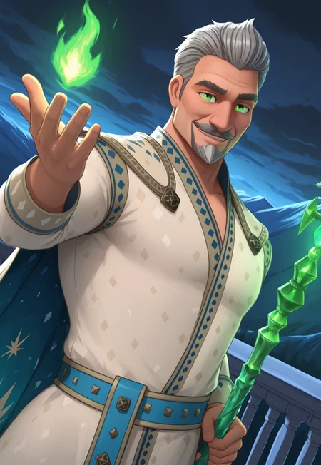 masterpiece, best quality, amazing quality, KingMagnific0, short hair, gray hair, glowing green eyes, facial hair, mustache, mature male, muscular, cape, white robe, blue belt, looking at viewer, smile, dynamic pose, detailed background, dutch angle, upper body, cowboy shot, balcony, night, fantasy kingdom, mountain range, dark clouds, green mist, green fire on one hand, holding a staff with green gem, bloom,