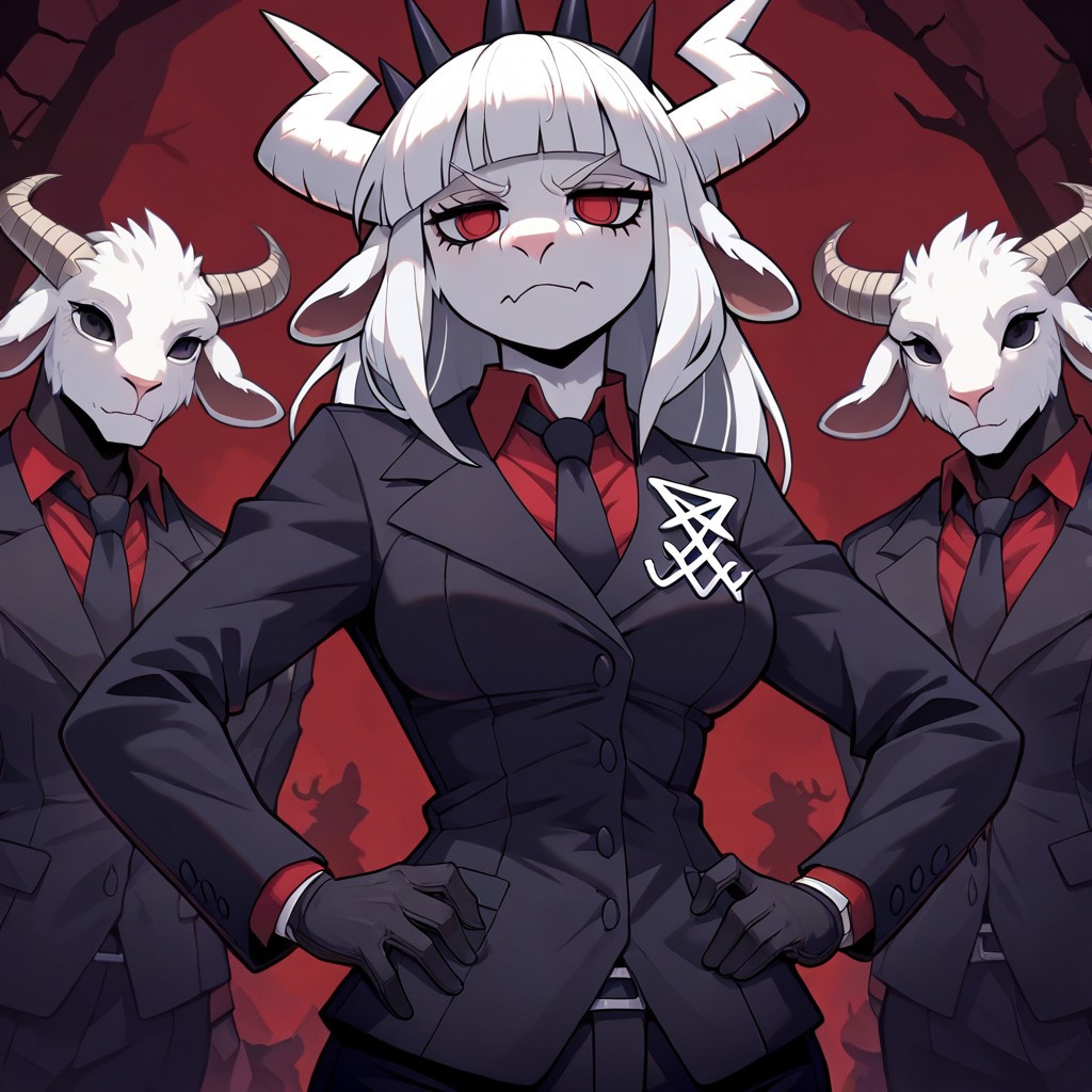 masterpiece, best quality, newest, absurdres, highres, 
FanFurMIXV1.0, 
solo, solo focus, 1girl, lucifer (helltaker), black suit, red necktie, black collared shirt, black gloves, blunt bangs, furry, anthro, goat girl, goat, goat horns, furry female,