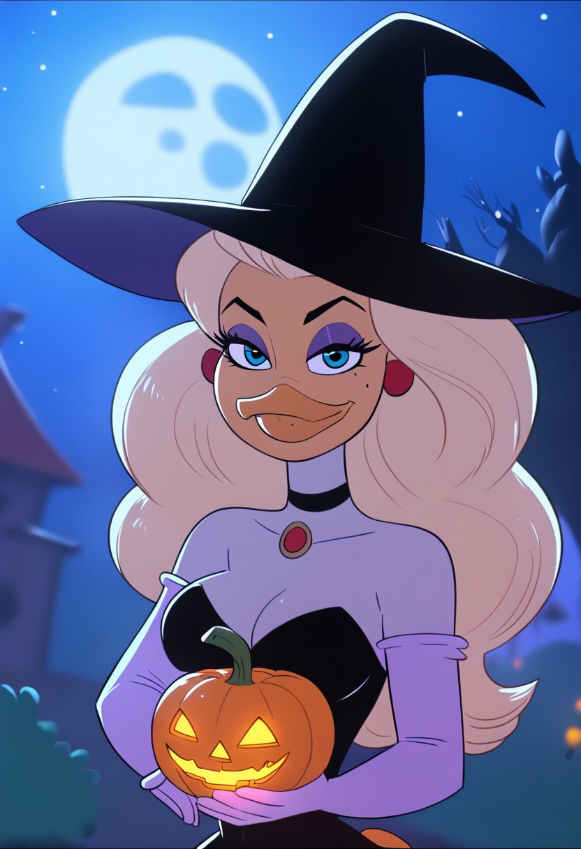 Goldie, big hair, beak, bird girl, solo, blonde hair,bird  girl,blue eyes, long hair,beak,1girl, witch hat, hat, jewelry, breasts, jack-o'-lantern, bat \(animal\), cleavage, moon, solo, halloween, necklace, witch,blonde hair, night, long hair, tree, full moon, pumpkin,blue eyes,blue eyes, looking at viewer, bare tree, lips, outdoors, black headwear, medium breasts, makeup, upper body, sky, mole,mole under eye, night sky 
score_9, score_8_up, score_7_up, score_6_up <lora:GoldieRockaPony1.0:0.8>