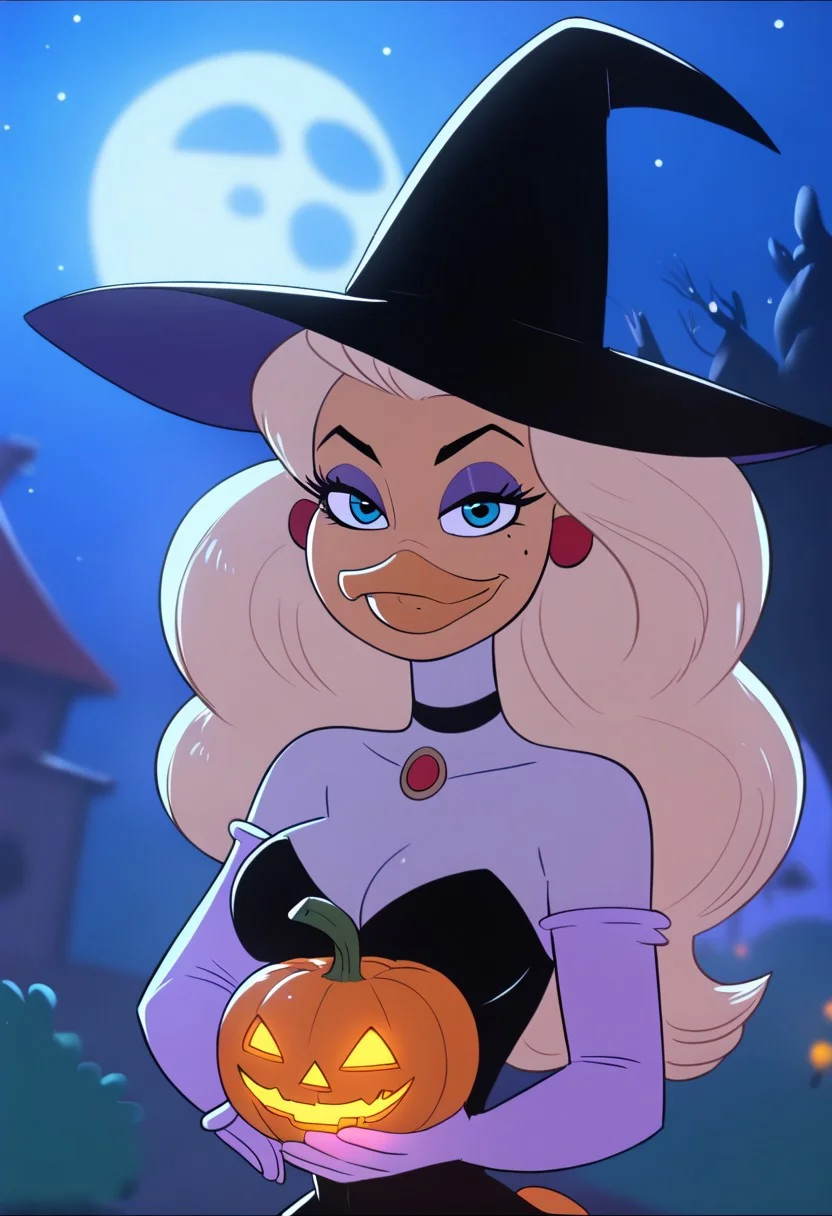 Goldie, big hair, beak, bird girl, solo, blonde hair,bird girl,blue eyes, long hair,beak,1girl, witch hat, hat, jewelry, breasts, jack-o'-lantern, bat \(animal\), cleavage, moon, solo, halloween, necklace, witch,blonde hair, night, long hair, tree, full moon, pumpkin,blue eyes,blue eyes, looking at viewer, bare tree, lips, outdoors, black headwear, medium breasts, makeup, upper body, sky, mole,mole under eye, night sky
score_9, score_8_up, score_7_up, score_6_up <lora:GoldieRockaPony1.0:0.8>
