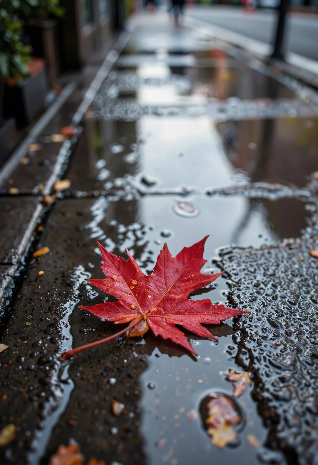 A single autumn leaf rests on a rain-soaked city sidewalk, its vibrant red standing out against the muted gray of wet concrete, captured in soft, diffused light. A gentle reflection in the puddle beneath hints at the world above, creating a serene and nostalgic moment in the midst of urban life.<lora:Flux.1_Turbo_Detailer.safetensors:0.7000000000000001:0.7000000000000001> <lora:Translucent_Colored_Glass_v02.safetensors:0.2:0.2>