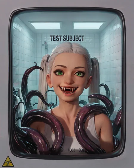 source_anime, <lora:testchamberV2:0.8> testchamber, glass wall with text "TEST SUBJECT", clean, close-up,1girl, long hair, twintails, white hair, smile, standing, green eyes, fangs, tentacles, tiles, bathroom,, score_9, score_8_up, score_7_up, score_6_up, score_5_up, score_4_up, ponypositive,
