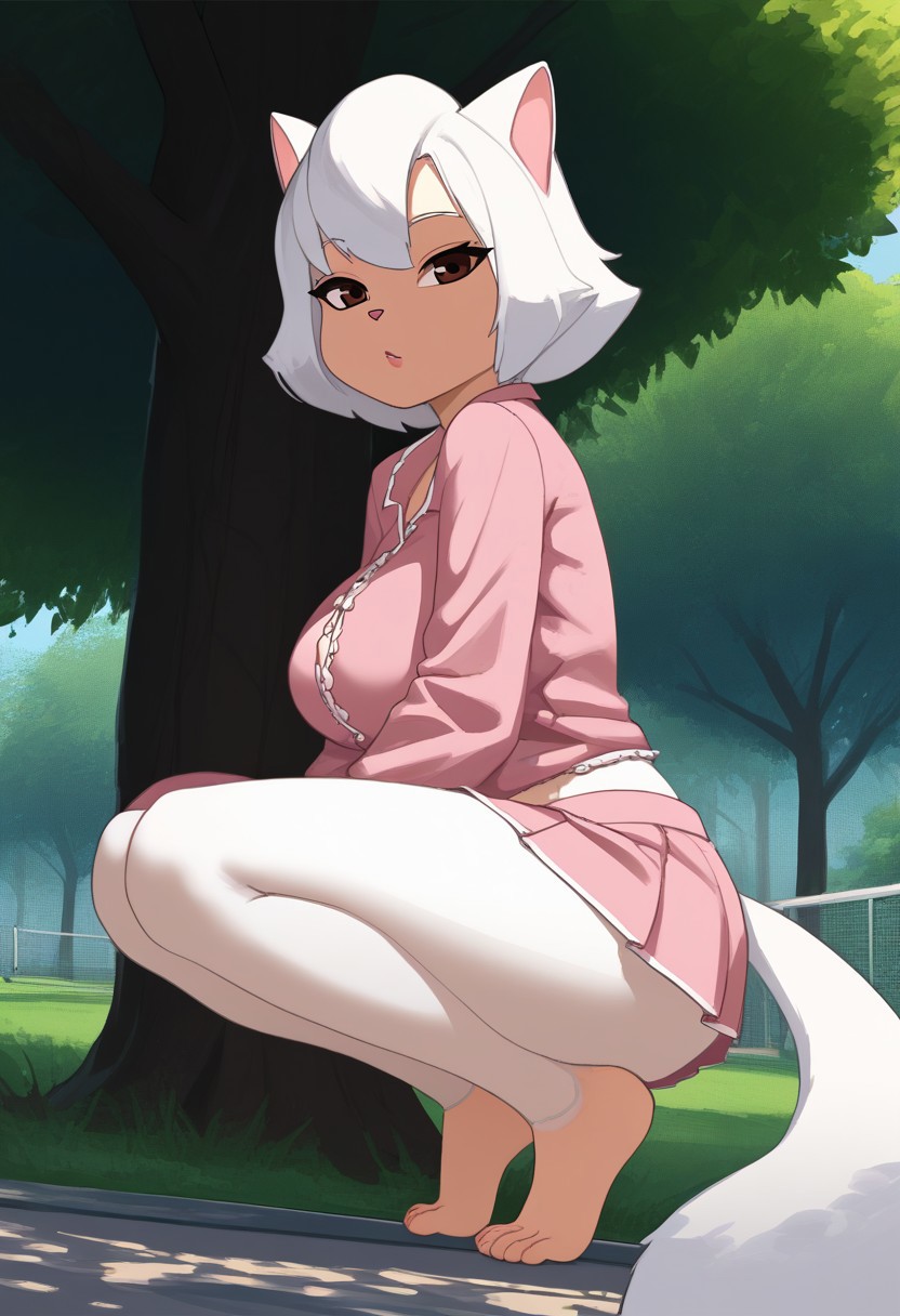 embedding:urn:air:sd1:embedding:civitai:222256@250708, Score_9, score_8_up, score_7, source_cartoon, rating_explicit, adult woman, hair, large breasts, black bra, short skirt, squatting, park, day, tree, solo, from below, (soft painting), cromachina, half-closed eyes, narrowed eyes, eyelashes, SawyerCDDPXL, furry female, furry, tail,animal ears, brown eyes, white hair, white fur, short hair, cat girl, barefoot, skirt,wearing pajamas,