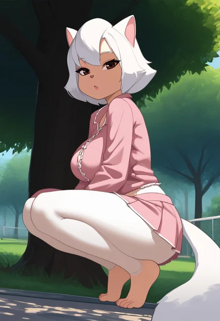 embedding:urn:air:sd1:embedding:civitai:222256@250708, Score_9, score_8_up, score_7, source_cartoon, rating_explicit, adult woman, hair, large breasts, black bra, short skirt, squatting, park, day, tree, solo, from below, (soft painting), cromachina, half-closed eyes, narrowed eyes, eyelashes, SawyerCDDPXL, furry female, furry, tail,animal ears, brown eyes, white hair, white fur, short hair, cat girl, barefoot, skirt,wearing pajamas,