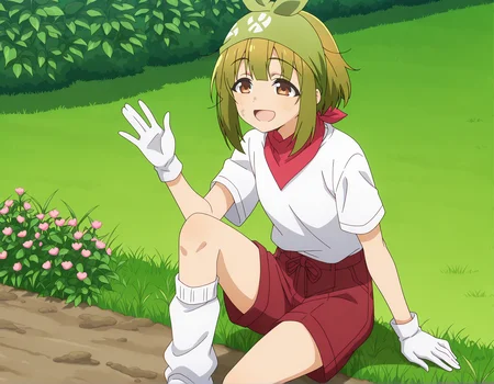 detailed background, official style,anime coloring, (anime screencap) masterpiece, detailed face,1girl <lora:Meme_Bashame_r2:0.8>Meme, white shirt, brown eyes, shirt, solo, green hair, gloves, smile, white gloves, red shorts, shorts, grass, bandana, open mouth, short sleeves, sidelocks, short hair, socks, white socks, outdoors, loose socks, waving, garden, plant, nature, flowers, dirt on face,