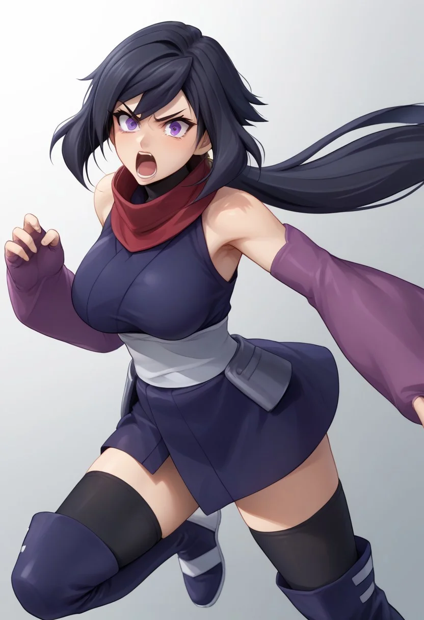 score_9, score_8_up, score_7_up, source_anime, good anatomy, detailed face, beautiful face, 11girl, solo, AyameGBD, black hair, long hair, split ponytail, ponytail, very long hair, purple eyes, bare shoulders, zettai ryouiki, ninja, dark blue kimono, white obi, black thighhighs, thighhighs under boots, dark blue kneeboots, white sandals, detached sleeves, elbow gloves, fingerless gloves, long purple gloves, no mask, unworn mask, red scarf, leaping, one knee up, one leg up, mouth open, shouting, fluttering kimono, kimono aside, fighting stance