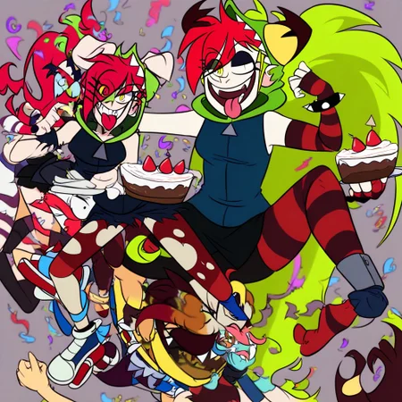 birthday party, cake, demencia, red hair, green ponytail, striped thighhighs, single striped sock, anklet, green monster hood, yellow eyes, sharp teeth, dark blue hoodie, single striped sleeve, red sneaker, blue sneaker, black skirt, smile, eyeshadow, spiked bracelet, zipper pull tab, torn pantyhose, glove, tongue out