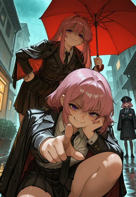 cowboy shot, [3girls], delinquent, uniform, jacket on shoulders, red umbrella,
outdoors, rain, [[photo_background]],
squatting, standing, leaning forward, smug, annoyed, yandere,
CivChan, purple eyes, pink hair,
hand on own hip, contrapposto, pointing at viewer,
full_composition, [narue, guweiz, kornod], (realistic),
masterpiece, absurdres, newest, [dynamic pose]