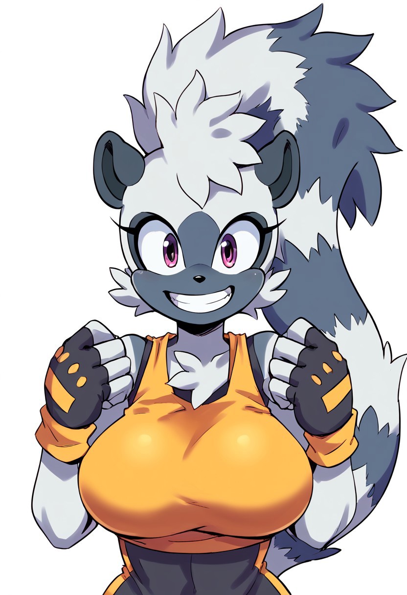score_9, score_8_up, score_7_up, source_anime, tangle the lemur (sonic), tangle the lemur, large breasts, big breasts, short, adorable, excited, looking at viewer, adventurous, eager, blank background, white background, short sleeved black bodysuit, yellow sleeveless crop top, big grin, happy,  yellow wrist tape, black fingerless gloves, big eyes,