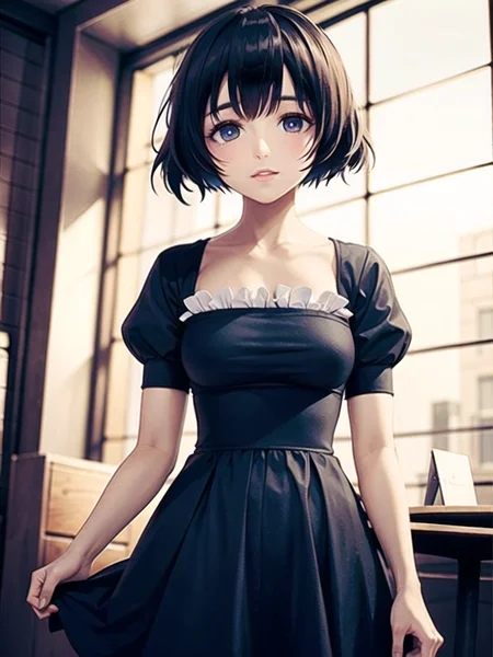 1girl, solo,(best quality),(masterpiece:1.1), dress, looking_at_viewer, neck_ribbon, cute, clear facial skin,