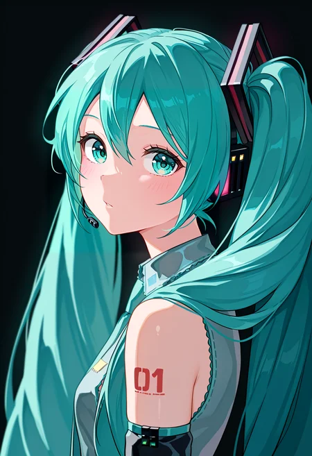 masterpiece, high quality, absurdres, gwape, 1girl, hatsune miku, dark background, looking at viewer, upper body, <lora:Girl_with_a_pearl_earing:1>