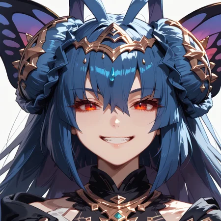 safe_pos, safe_pos, score_9, score_8_up, score_7_up, score_6_up, source_anime,GEN,
BREAK
Origa Dragalia, red eyes, blue hair, long hair, double bun, bangs, hair ornament, close up, portrait face, evil smile, grin, black clothes over shoulders, defaultoriga, butterfly wings on hair, cleavage, cleavage cutout, dress, black and blue dress, bare shoulders, silver anklet