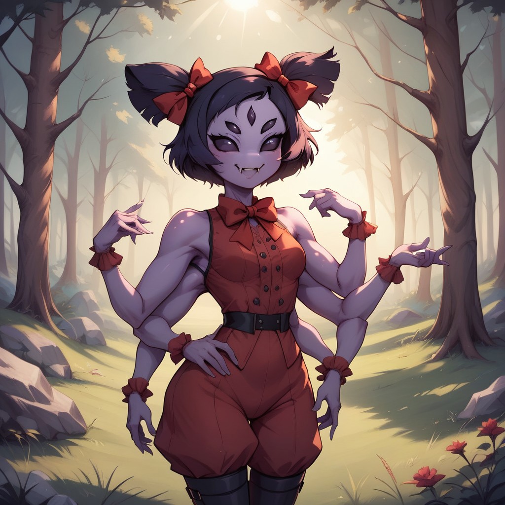 score_9, score_8, BREAK, muffet (undertale), best quality, solo, anthro, ((six arms)), lavender skin, five eyes, twin pigtails, white fangs, red ribbons, red rompers with buttons, long black boots, sexy pose, self portrait, smile, outdoors, sunlight, shadows, evening lighting, natural lighting, forest, trees, grass, orange sky, sunset