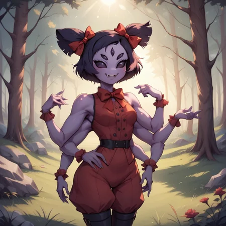 score_9, score_8, BREAK, muffet (undertale), best quality, solo, anthro, ((six arms)), lavender skin, five eyes, twin pigtails, white fangs, red ribbons, red rompers with buttons, long black boots, sexy pose, self portrait, smile, outdoors, sunlight, shadows, evening lighting, natural lighting, forest, trees, grass, orange sky, sunset