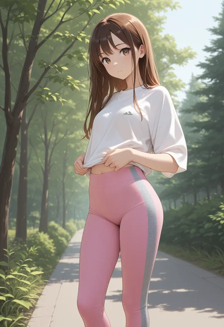 masterpiece, best quality, high quality,
1girl, brown hair, long hair, 
pink leggings, white shirt, outdoors, tree,
patterned leggings,
<lora:marl_texture_v0.4-illu10:1>
