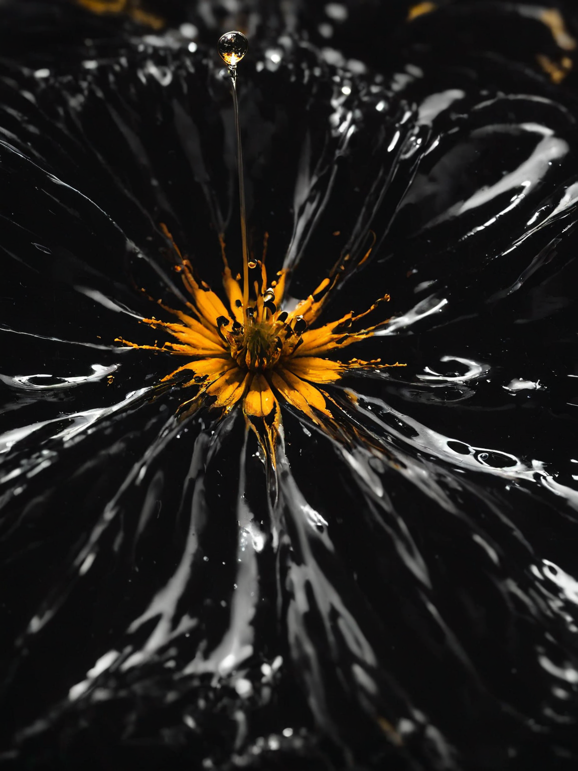 A macro photograph of a flower where the petals and stem are made of black goo, the droplets catching the light to reveal hidden colors within, shot with a macro lens on a Fujifilm GFX 100 <lora:Black_Goo:0.8>  <lora:EnvyBetterHiresFixXL01:0:hr=1>