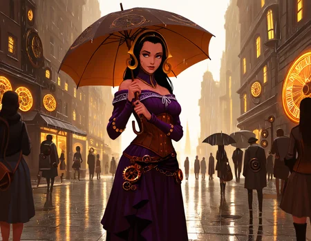 safe, masterpiece, very aesthetic, joshua raphael, painting, steampunk, clockwork, fantasy, city, rain
1girl, solo, liliana vess, mature female, markings, face markings, corset, skirt, street, public, people, umbrella, puddles
<lora:LilianaVess-MTG_NAIXL_v10:0.6>