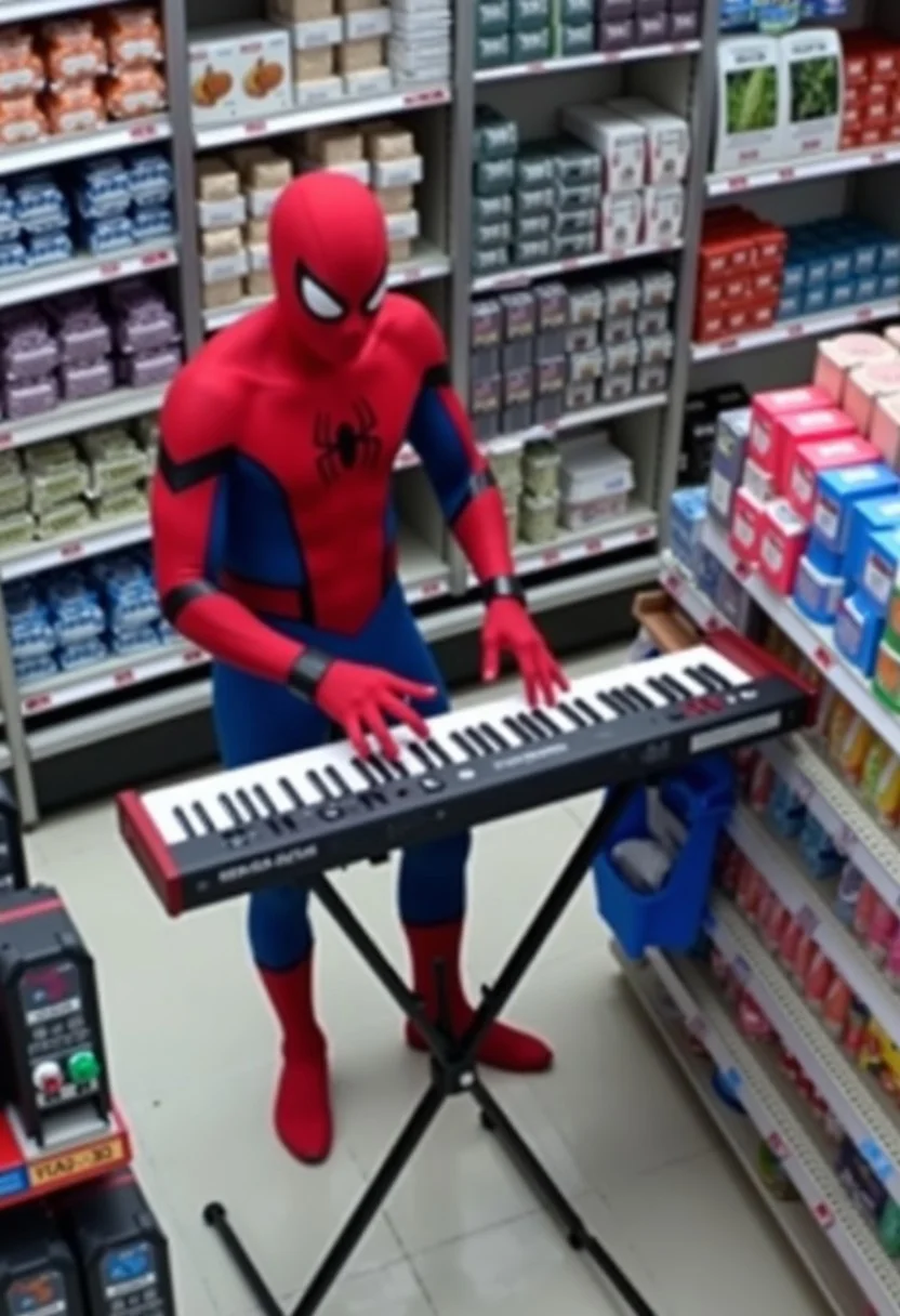 security camera footage of spider-man playing an electric keyboard on a stand in a convenience store StoreCCTV