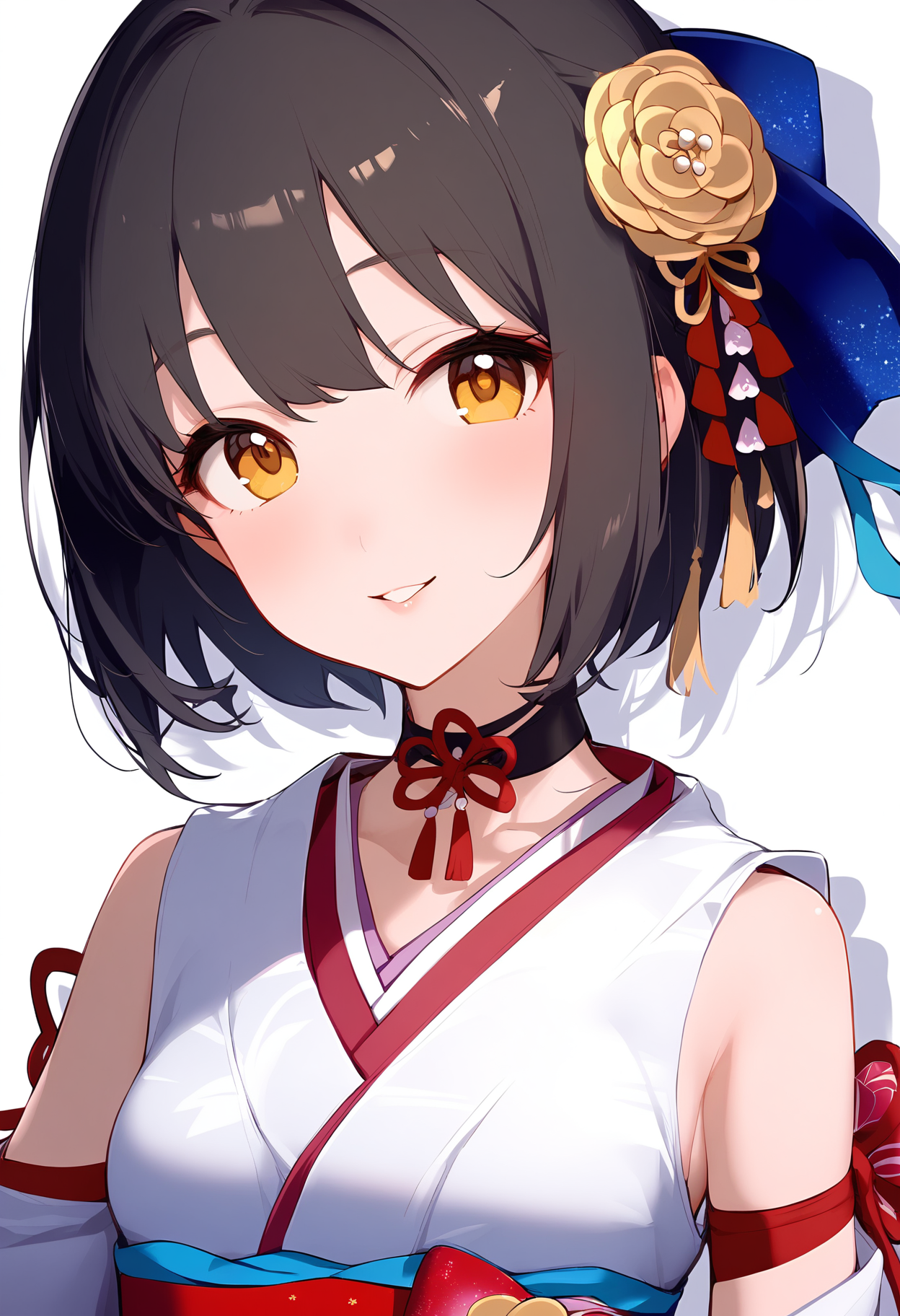 1girl,
takafuji kako,


detached sleeves, parted lips, kimono, short hair, looking at viewer, tsurime, smile, white kimono, wide sleeves, breasts, sleeveless kimono, choker, ribbon, arm ribbon, black choker, hair ornament, collarbone, medium breasts, sleeveless, blush, yellow eyes, solo, upper body, black hair, simple background, japanese clothes, blue ribbon, red ribbon, obi, ribbon choker, hair flower, white background, sash, flower,

sfw
<lora:a31_char_new_takafuji_kako:1> <lora:a31_style_koni-000010:0.8>