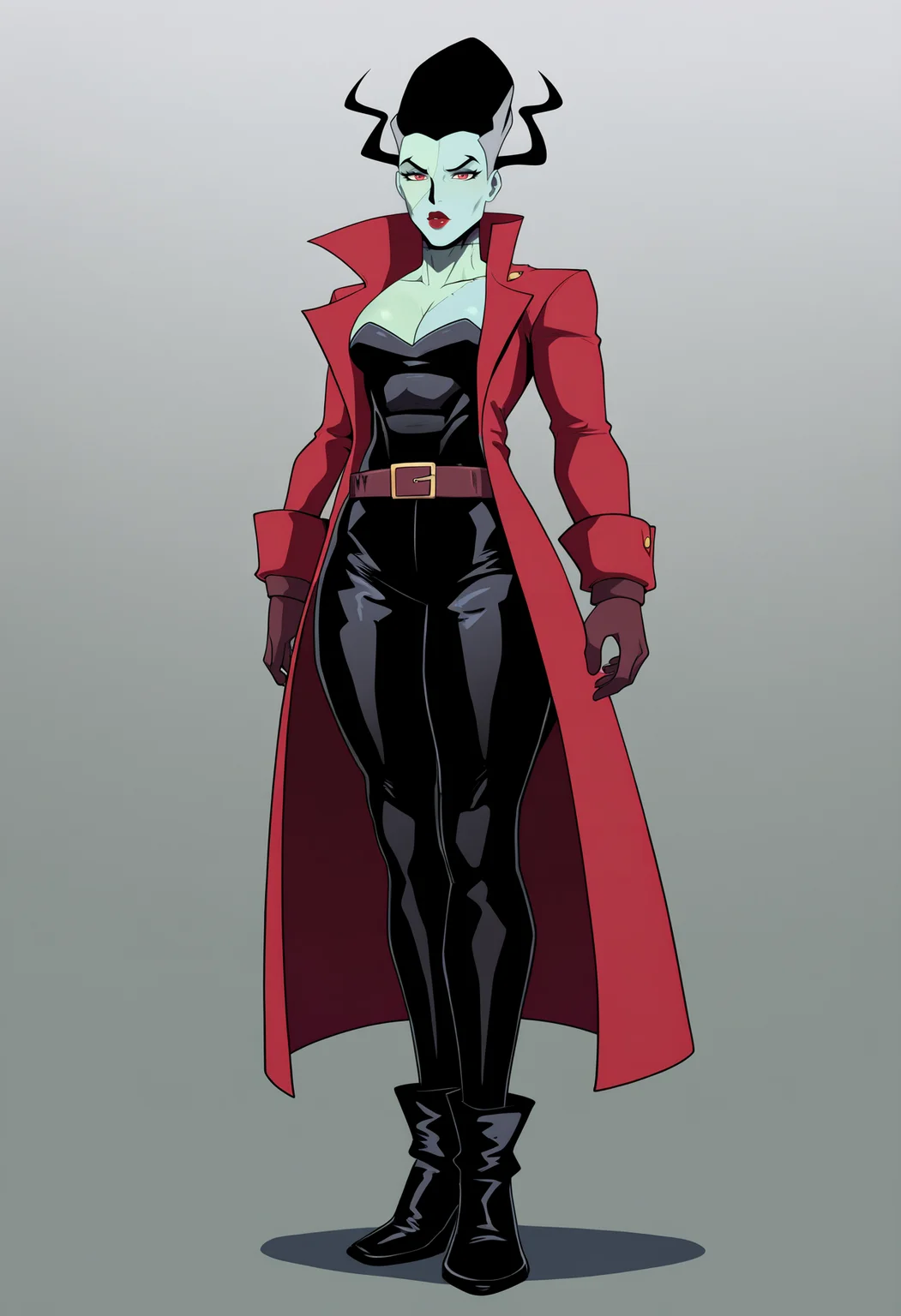 best quality, amazing quality, very aesthetic, absurdres,
1girl, thebride, black hair, red eyes, red lips, colored skin,
gloves, belt, cleavage, red coat, black dress,
black pants, black shoes,
standing, full body,
solo, looking at viewer, simple background, white background, <lora:TheBrideNoobXL_byKonan:1>
