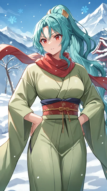 score_9,score_8_up,score_7_up,score_6_up, source_anime, zPDXL, <lora:xl_more_art-full_v1:0.5>, woman, dynamic pose, standing with hands on hips, <lora:Tomoe - Pony-000004:0.8>, green kimono, long hair, aqua hair, ponytail, red eyes, red scarf, red obi, mountain path, snowing, snow, japanese style, japanese village,