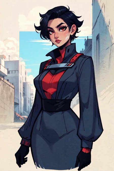 (mature adult tall, mature_face),
flat_HD2_style, femboy, Chiss, red eyes, blue skin, short hair, black hair,, <lora:flat_HD2_style-40:0.8>