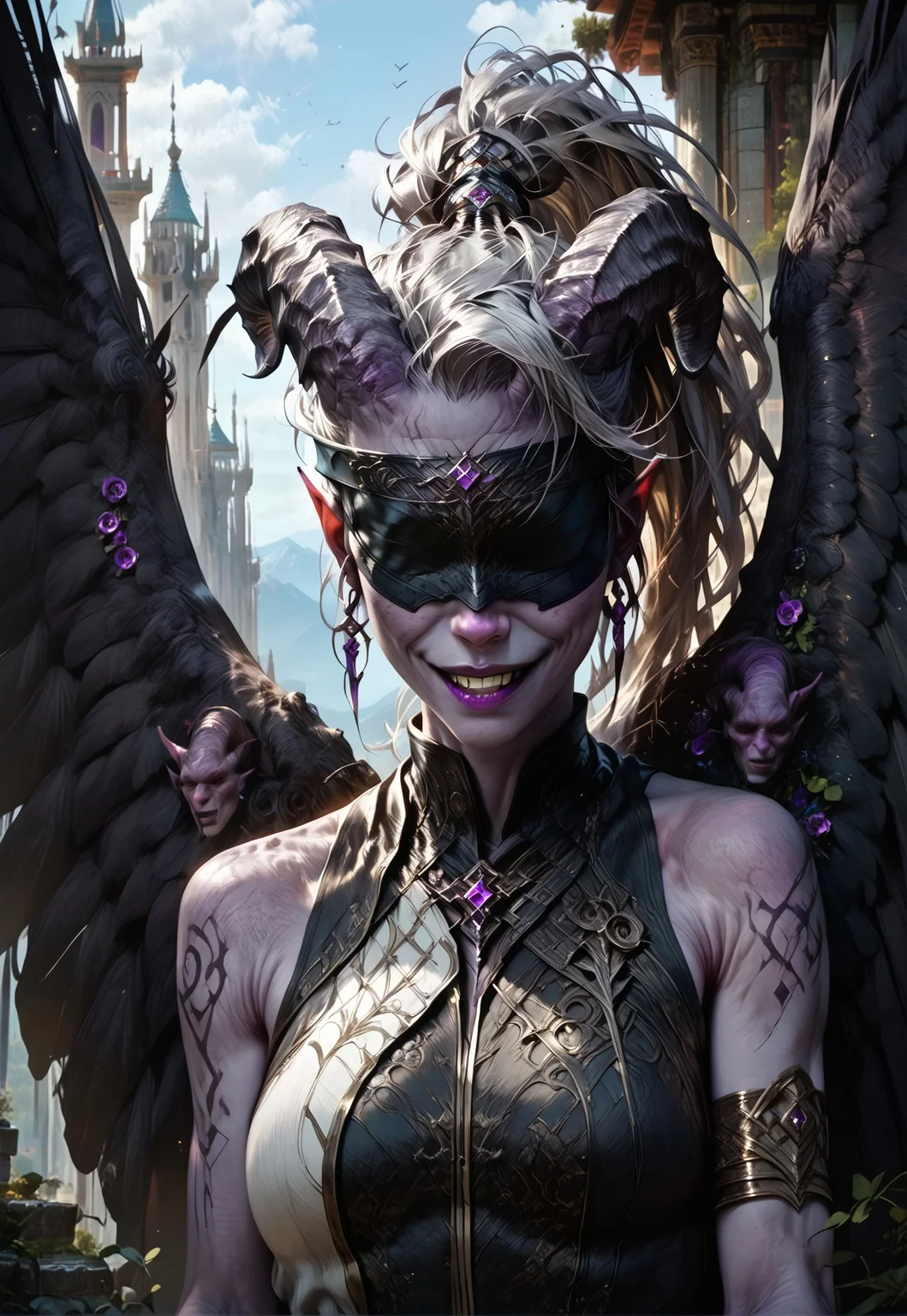 (absurdres, best quality, masterpiece:1.4), 
score_9, score_8_up, score_7_up, score_6_up, 
detailed, 
detailed body, 
detailed face, 
fantasy, 

female, 
tiefling, 
h0rns, 
ram horns, 
black horns, 
tall, 
((((purple skin)))), 
((long grey hair, ponytail)), 
(((wingsd, black wings))),

one arm behind head, 
soft smile,

(white robe, sleeveless, 
blindfold, black cloth blindfold), 

depth of field, 
outdoors, 
mountain temple, 
upper body