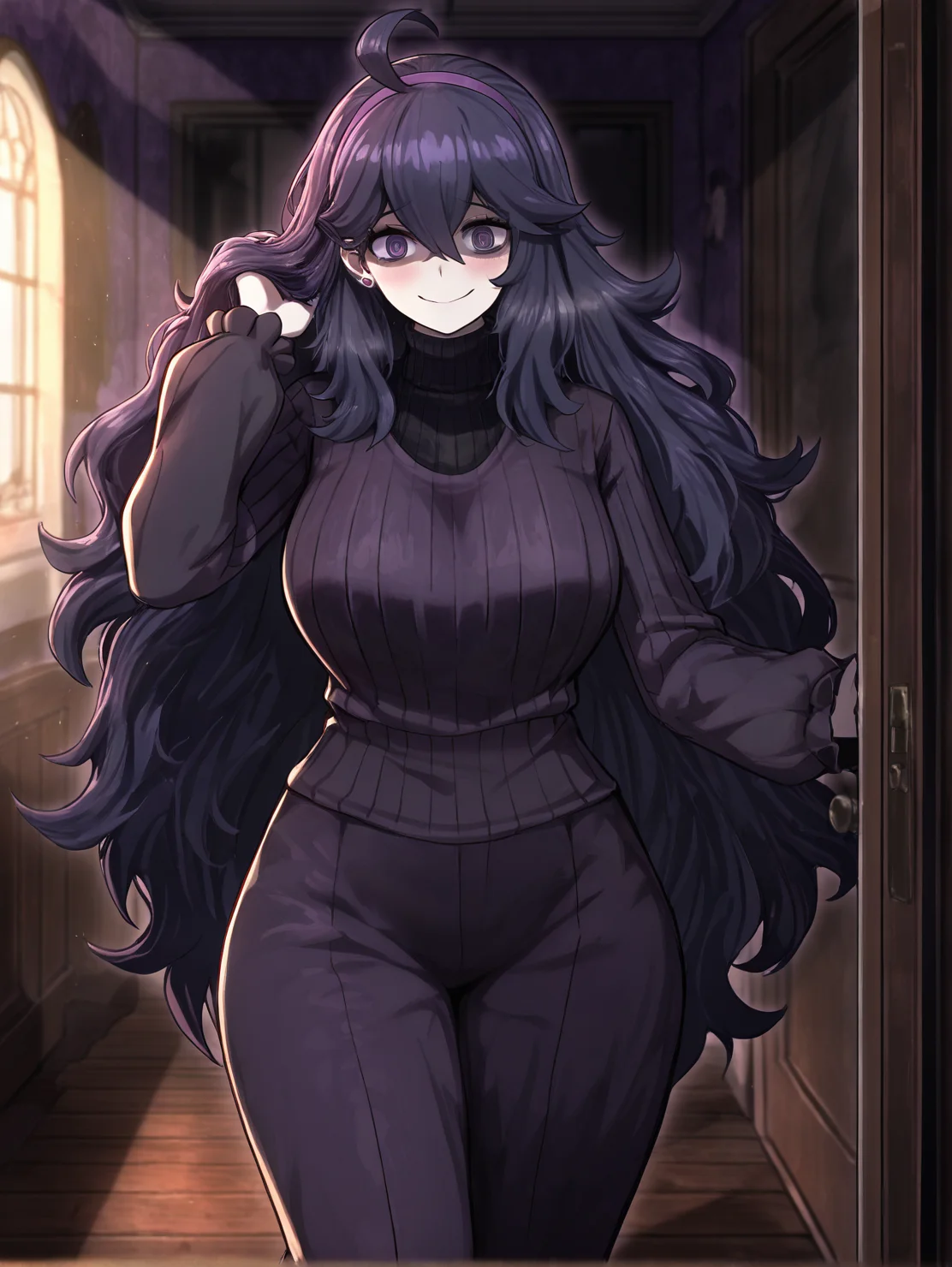 masterpiece,best quality,amazing quality,very aesthetic,absurdres,newest,huge filesize,<lora:limbus92:0.9>,limbusstyle,maroon turtleneck, ribbed texture,standing, one hand on door frame, the other brushing hair behind ear, waiting,,1girl,long purple hair,purple eyes,pokemon,hex maniac (pokemon),pokemon,