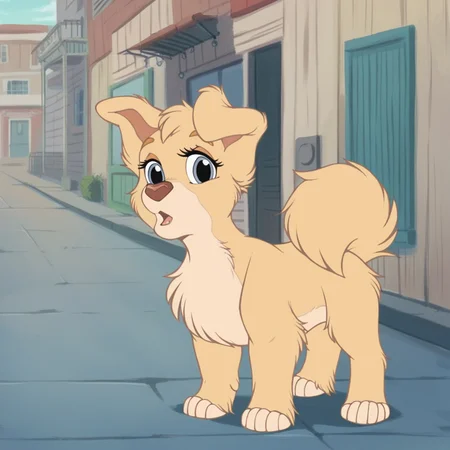 score_9, score_8_up, score_7_up, score_6_up, score_5_up, score_4_up, <lora:Angelladyandthetramp:1>, angellat, 1girl, solo, looking at viewer, open mouth, animal ears, tail, outdoors, no humans, animal, furry, furry female, animalization, dog, yellow fur, body fur, blue eyes