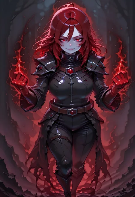 masterpiece, best quality, highres, absurdres, amazing quality, high resolution,
Red Eyes, Red Hair, pale skin, Black Medieval Armor, leather straps
animate_dead, aura on skull, hands raised towards viewer, looking towards viewer, smirk, glowing red eyes, clenched fists, magic swirling through the air, full body, side view