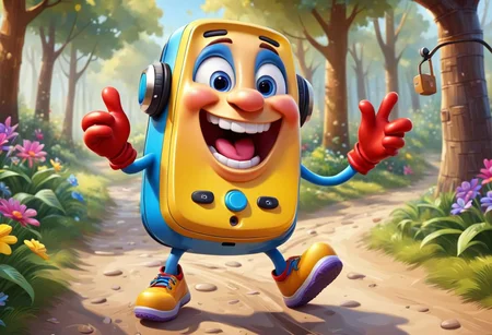 Picture a cheerful cartoon Nokia push-button phone skipping along the path on short legs, laughing merrily, singing a song, merrily waving his hands in multi-colored gloves. Beautiful, shiny, splashing with joy and fun.