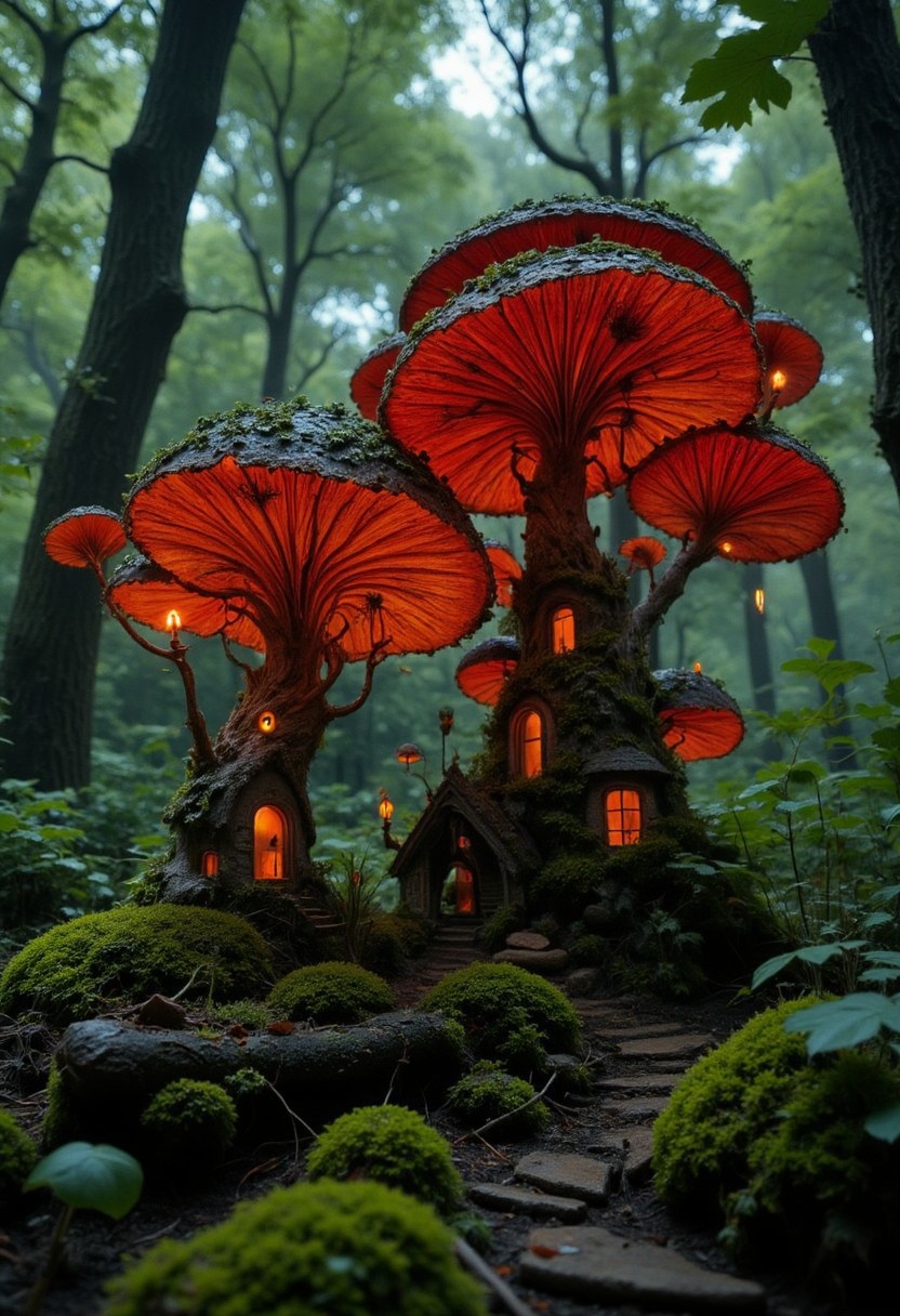 a small in deep moss growing hyperdetailed mushroom resembling a small house, translucent dark red to orange gradient colored, golden hour lighting, autumn, falling leafs, moss, forest soil, leafs, oragnic, deep blacks, stairs,
