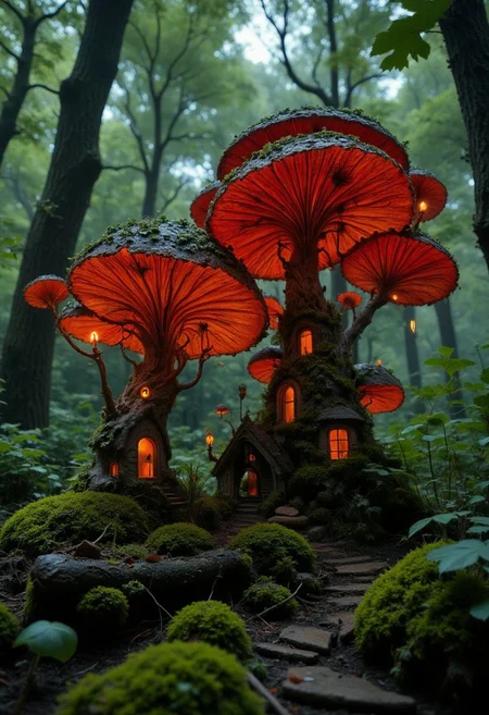 a small in deep moss growing hyperdetailed mushroom resembling a small house, translucent dark red to orange gradient colored, golden hour lighting, autumn, falling leafs, moss, forest soil, leafs, oragnic, deep blacks, stairs,