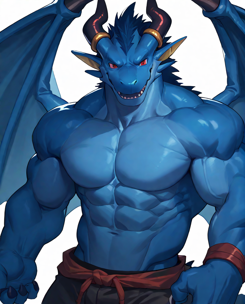 source_furry,score_9,score_8 up,score_7 up,score_6 up,male,anthro,furry,1boy,solo,blue_dragon,dragon,wings,horns,blue body,red eyes,muscles,muscular,bodybuilder,abs,pectorals,biceps,<lora:Blue_Dragon:0.9>,