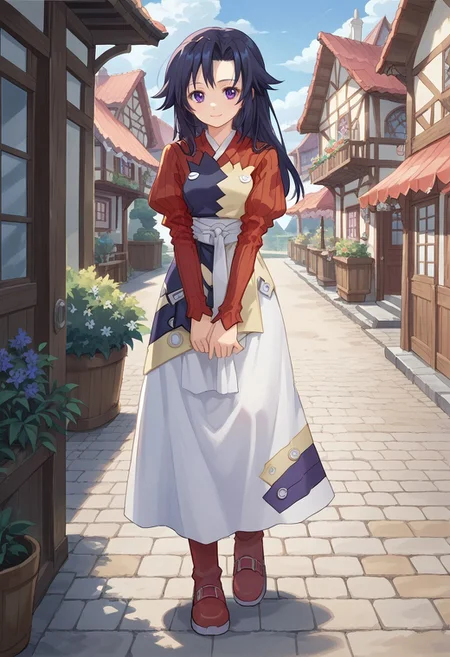 score_8, score_8_up, score_7_up, source_anime, anime screenshot,  1girl, female focus, solo, Claret_SN, black hair, purple eyes, parted bangs, asymmetrical bangs, long hair, ribbed shirt, red shirt, apron, obi, sash, juliet sleeves, long sleeves, white skirt, long skirt, ankle boots, fantasy village background, outdoors, full body, arms at side, looking at viewer, smile