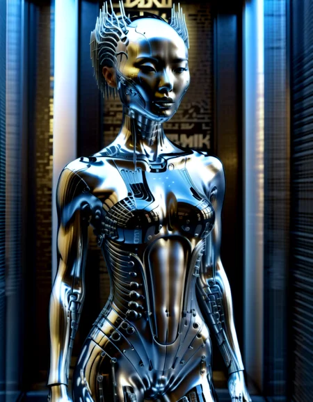 biomechanical cyberpunk cyberpunk style, asian female with chorme skin, (full body:1.331), hightech_robotics (Pinhead:1.1) (Hellraiser) with light in his eyes and dark smoke around his body, (white head:1.3), (neon crisscrossing fine lines on face:1.2), (many neon pins pricked the entire head), BREAK stands still in a back alley, looking out to the crowded main street with neon sign, he is hoping to find the next victim, outdoors, high-tech cyberpunk nightcity background, (unreal engine), ray tracing, dynamic light, godrays, reflections, fisheye view, from below angle, long distance shot, hyper detailed, high quality, neon, dystopian, futuristic, digital, vibrant, detailed, high contrast, reminiscent of cyberpunk genre, (by h.r. giger:1.05), muscular, black latex,, . cybernetics, human-machine fusion, dystopian, organic meets artificial, dark, intricate, highly detailed