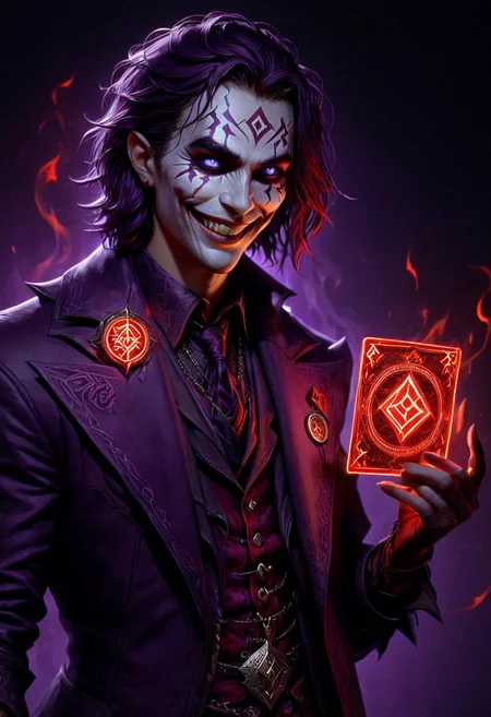 PEJoker, high quality, HD, full body, dramatic lighting, cinematic composition, detailed, dark violet glowing rune costume, glowing runes, intense eyes, wide smile, concept art, trending on ArtStation, (dark, evening, (vignette))), holding a red glowing rune card, sideview